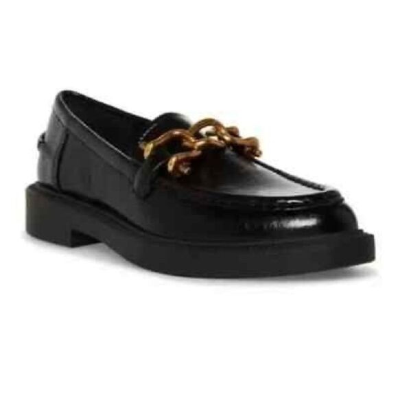 STEVE MADDEN Karmine Black Leather Loafer Gold Chain Buckle‎ Size 5 6.5 New - Picture 2 of 13